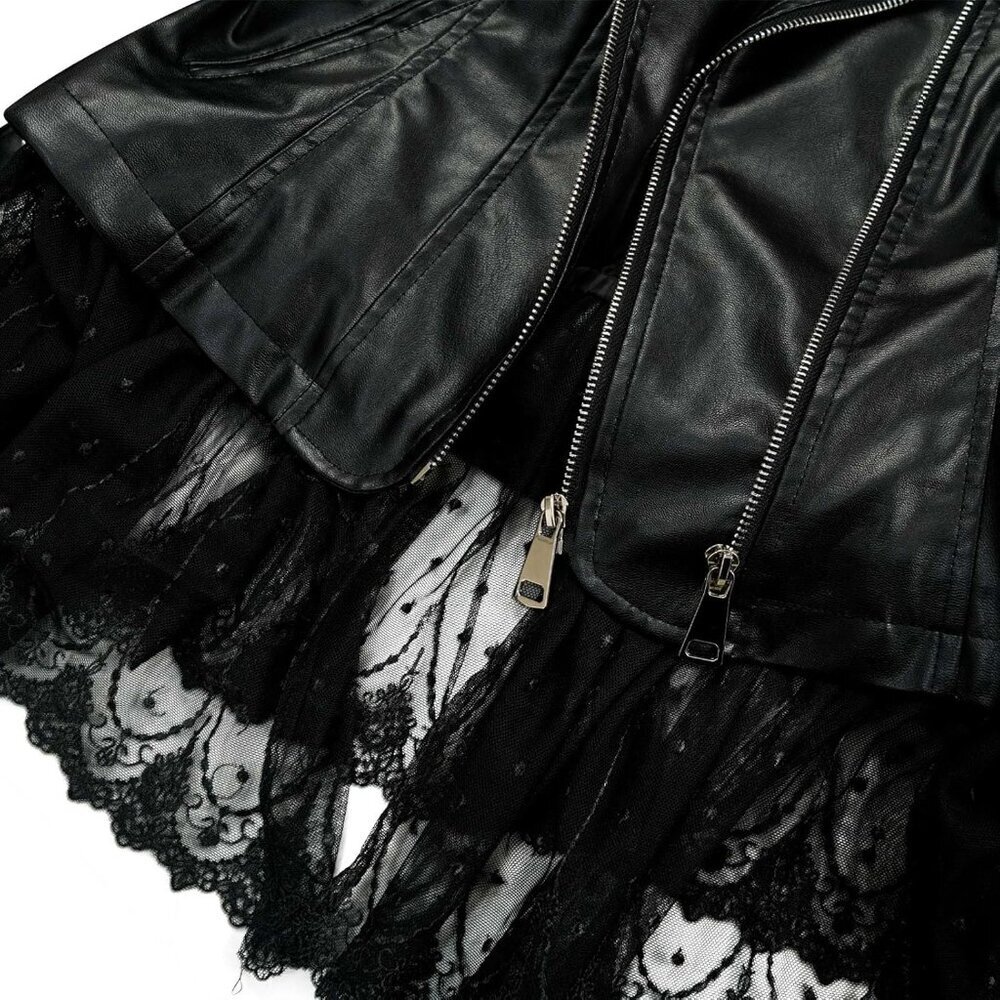 Womens Faux Leather Lace Moto Jacket Vintage Peplum Rose Riding Style Coat - Picture 6 of 6